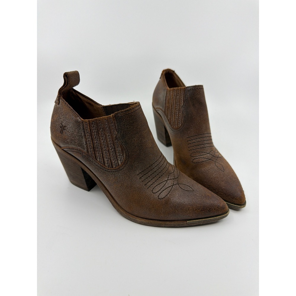 Frye Faye Shootie Boot Womens 6.5 Brown Western Boho Stacked Heel 3" Pointed Toe